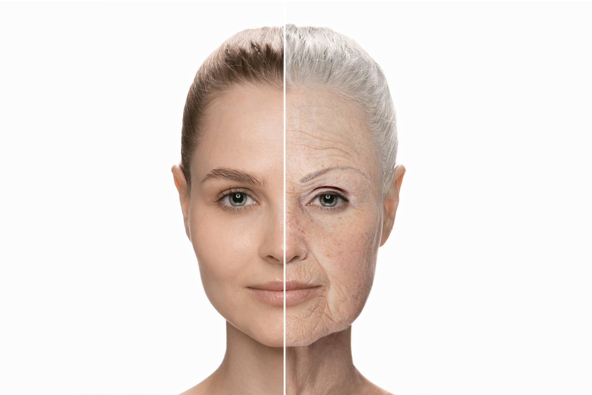 Comparison. Portrait of beautiful woman with half face young smooth skin and the other half old matured skin. Aging and youth concept, Process of aging and rejuvenation